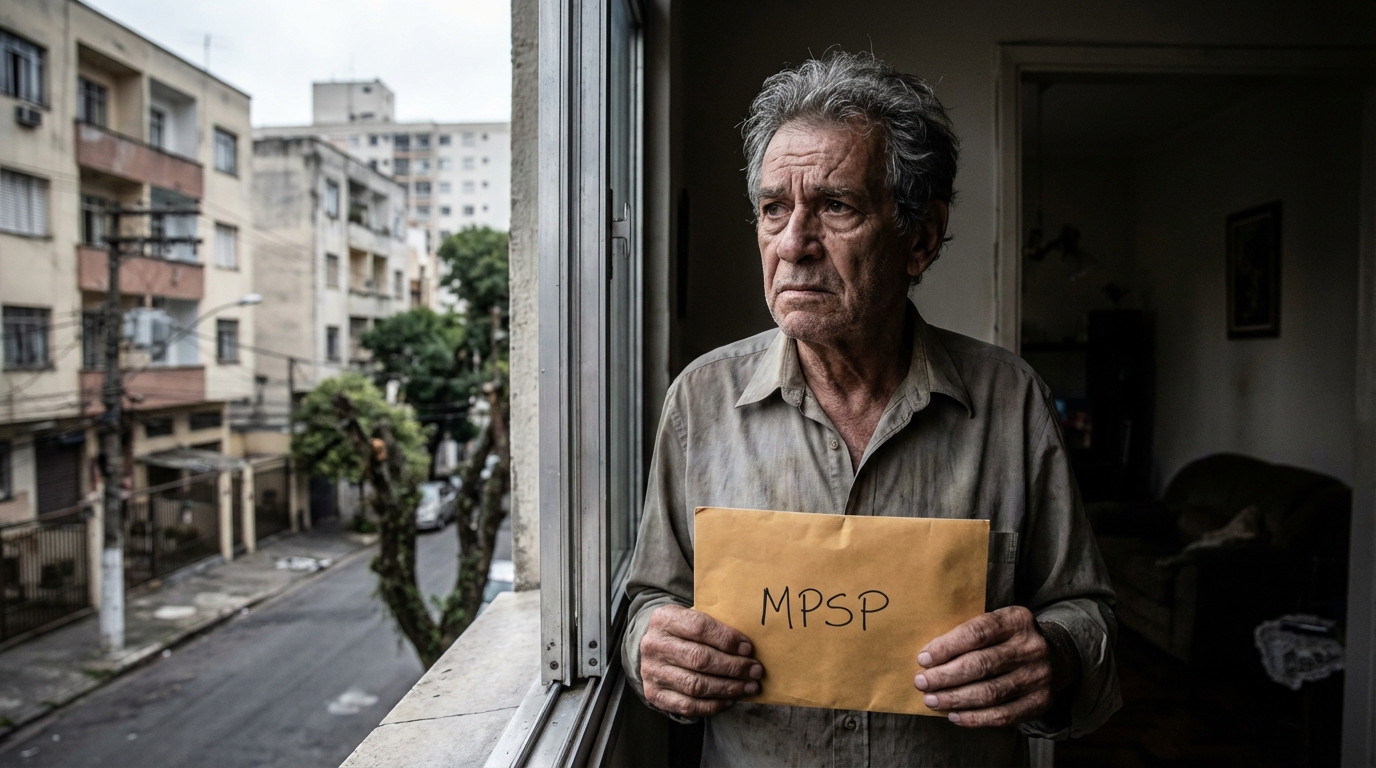 Homem idoso brasileiro olhando através da janela de sua casa com expressão pensativa e preocupada, segurando um envelope pardo - MPSP