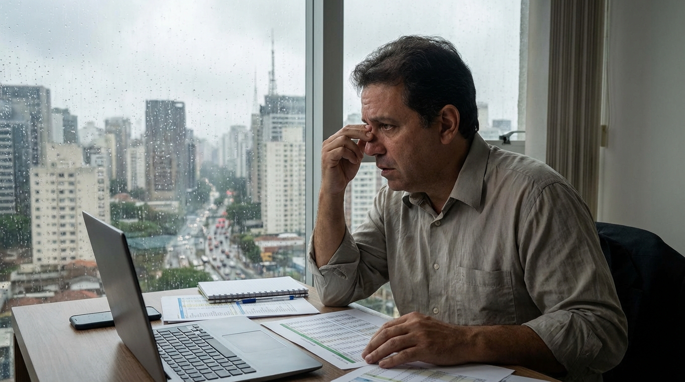 Empresário brasileiro preocupado analisando planilhas financeiras em escritório de São Paulo - regulamentação aplicativos