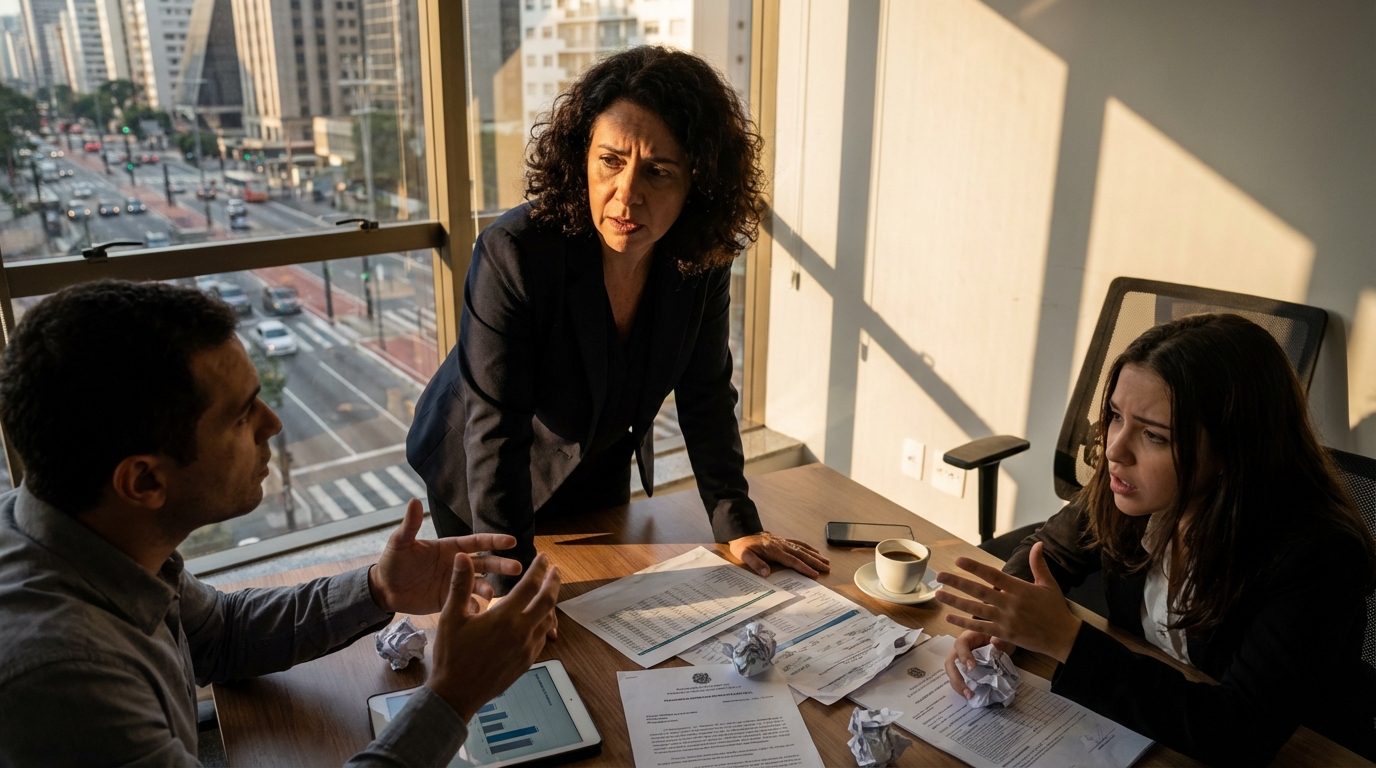 Gestora financeira brasileira em reunião tensa revisando documentos fiscais - tributação plataformas digitais