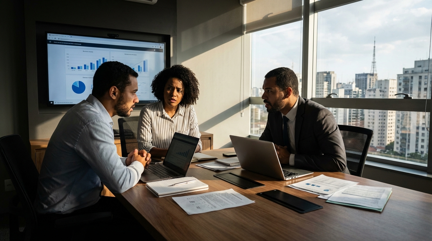 Sócios de uma empresa brasileira de tecnologia discutindo reestruturação de negócios em sala de reunião - planejamento tributário