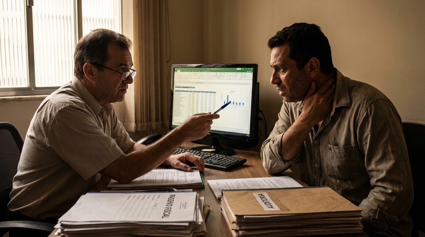 Contador brasileiro apontando para tela de computador demonstrando passivo fiscal para dono de empresa - compliance fiscal