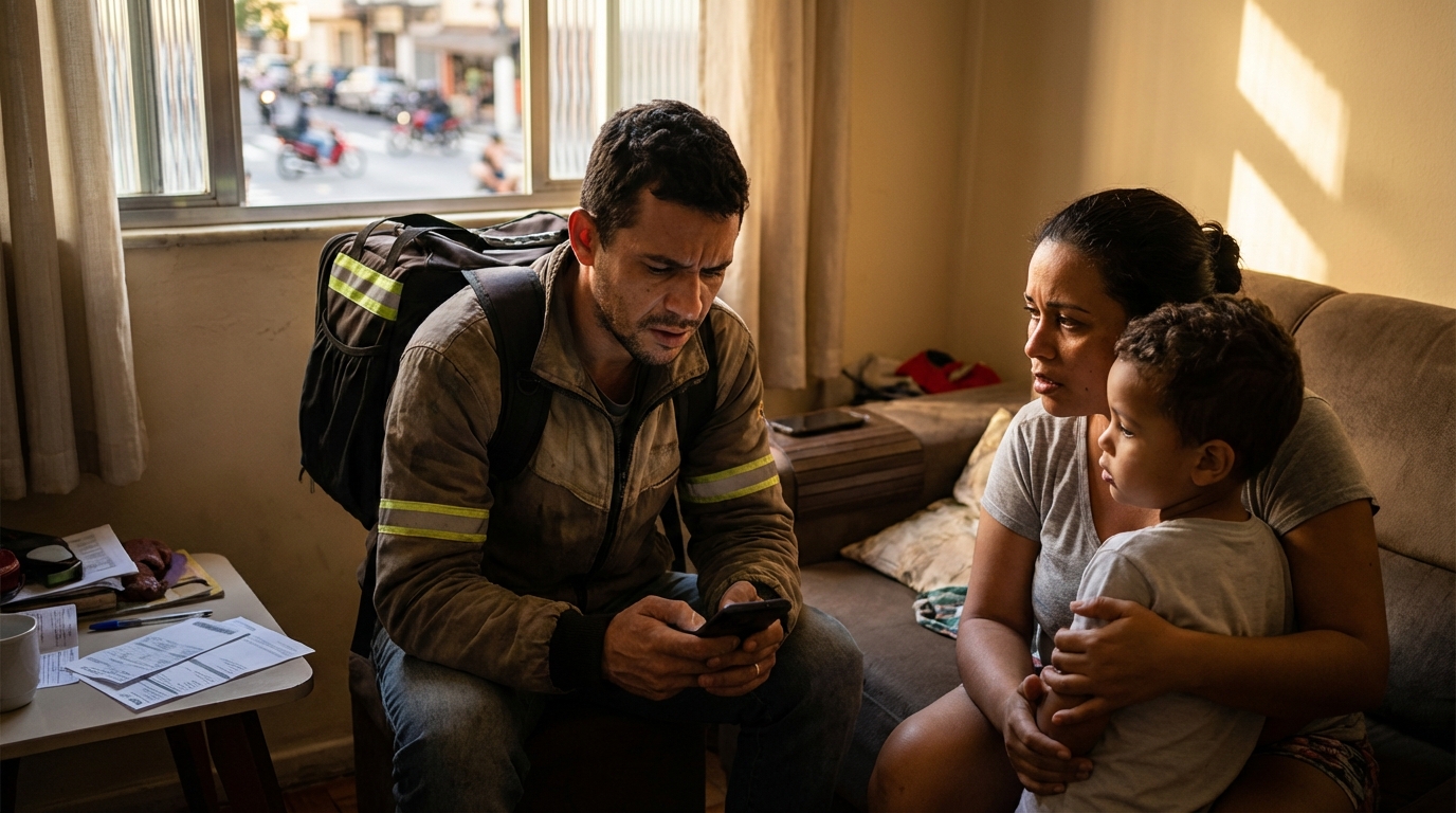 Trabalhador brasileiro de aplicativo olhando o celular com expressão de incerteza ao lado de sua família - INSS aplicativos