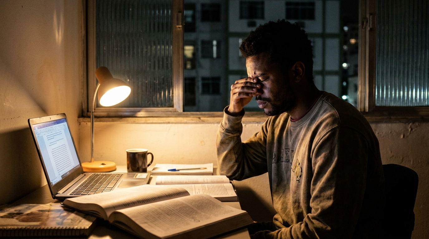 Estudante brasileiro negro estudando de madrugada com expressão de exaustão e determinação - cotas raciais