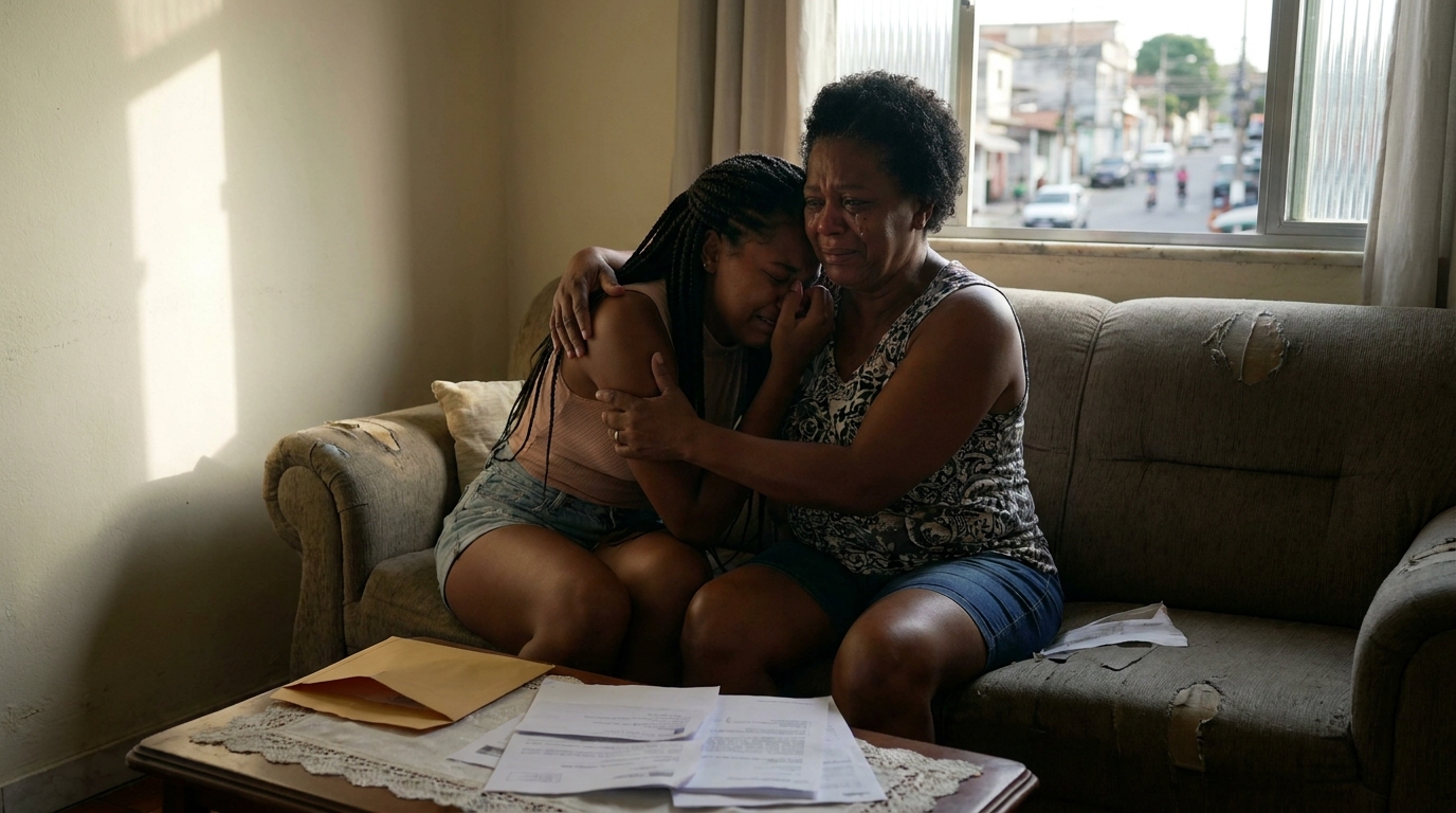 Jovem brasileira negra chorando abraçada com a mãe após rejeição em processo seletivo universitário - banca de heteroidentificação