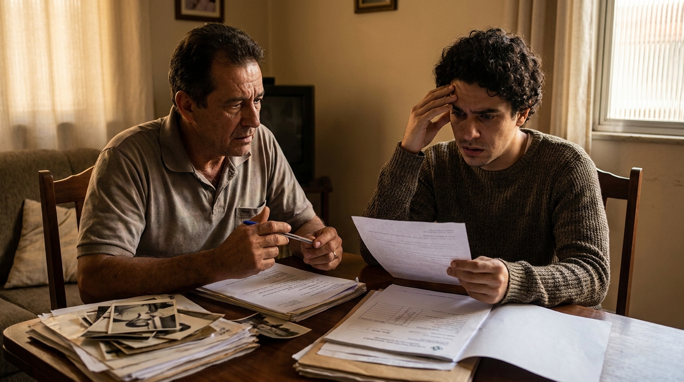Pai e filho revisando documentos e laudos médicos na mesa da sala com expressões de preocupação - ações afirmativas