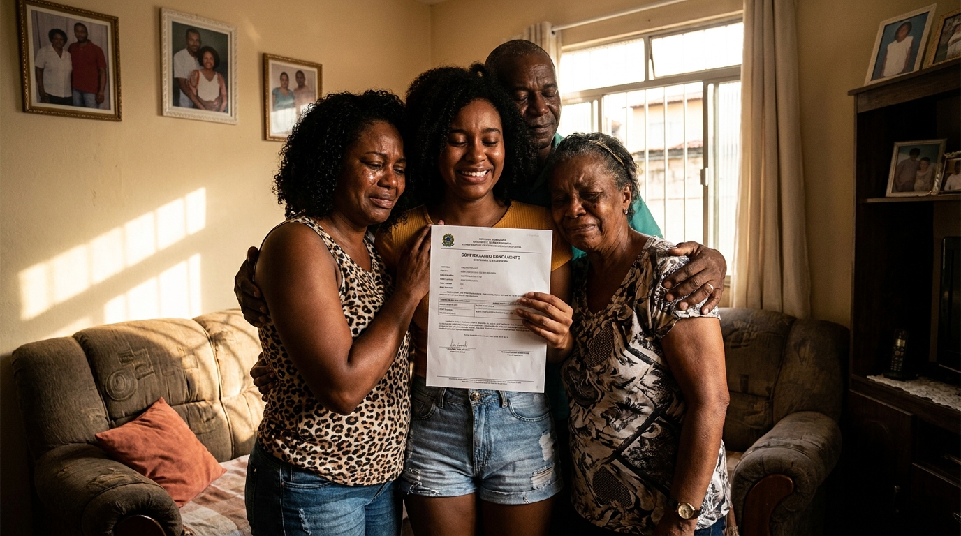 Família brasileira negra comemorando com alívio segurando um documento de matrícula universitária - lei de cotas