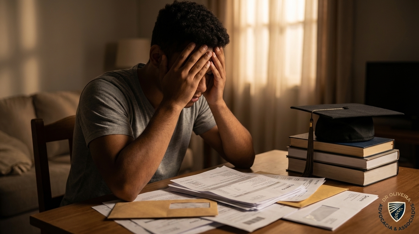 Jovem estudante brasileiro frustrado olhando para contas atrasadas e seu capelo de formatura sobre a mesa - retenção de diploma por dívida