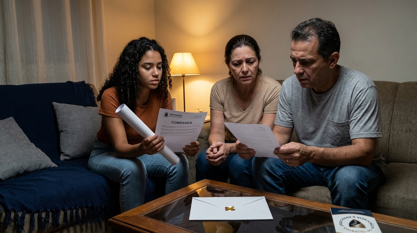 Família brasileira preocupada na sala de casa lendo uma carta de cobrança abusiva da universidade - exercício arbitrário das próprias razões