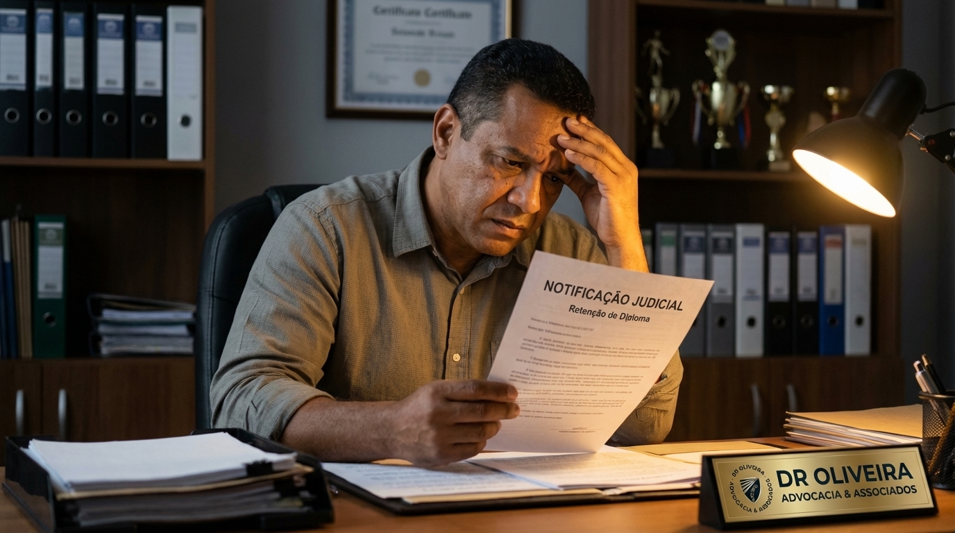 Empresário brasileiro diretor de escola preocupado lendo uma notificação judicial em seu escritório - crime instituição de ensino