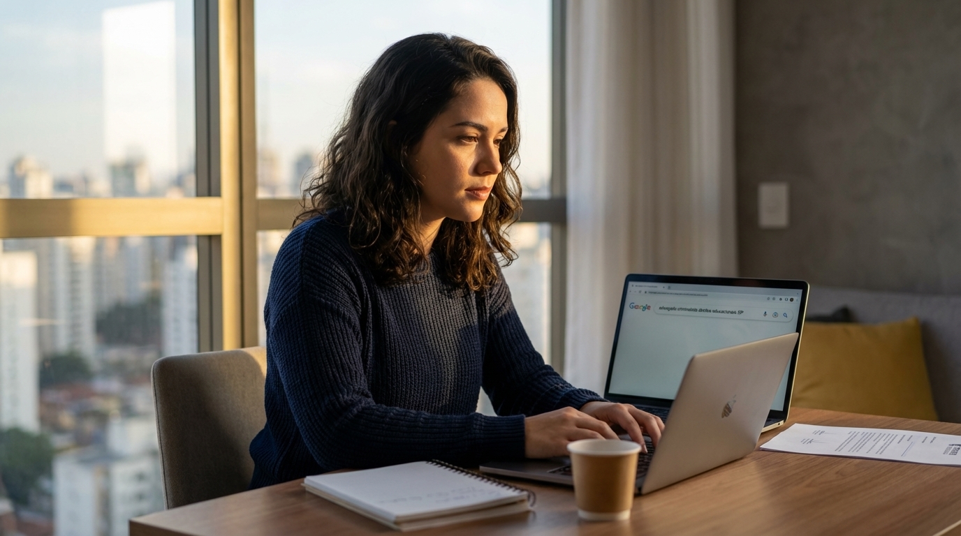Jovem profissional brasileira confiante digitando no notebook buscando advogado criminalista em São Paulo para defender seus direitos educacionais