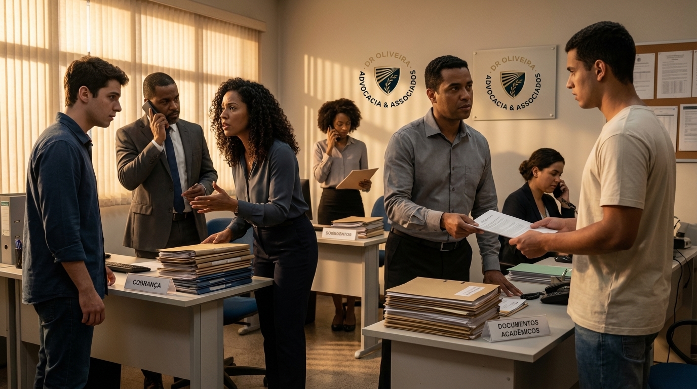 Equipe administrativa brasileira organizando processos de cobrança legal em um escritório universitário de forma ética e eficiente