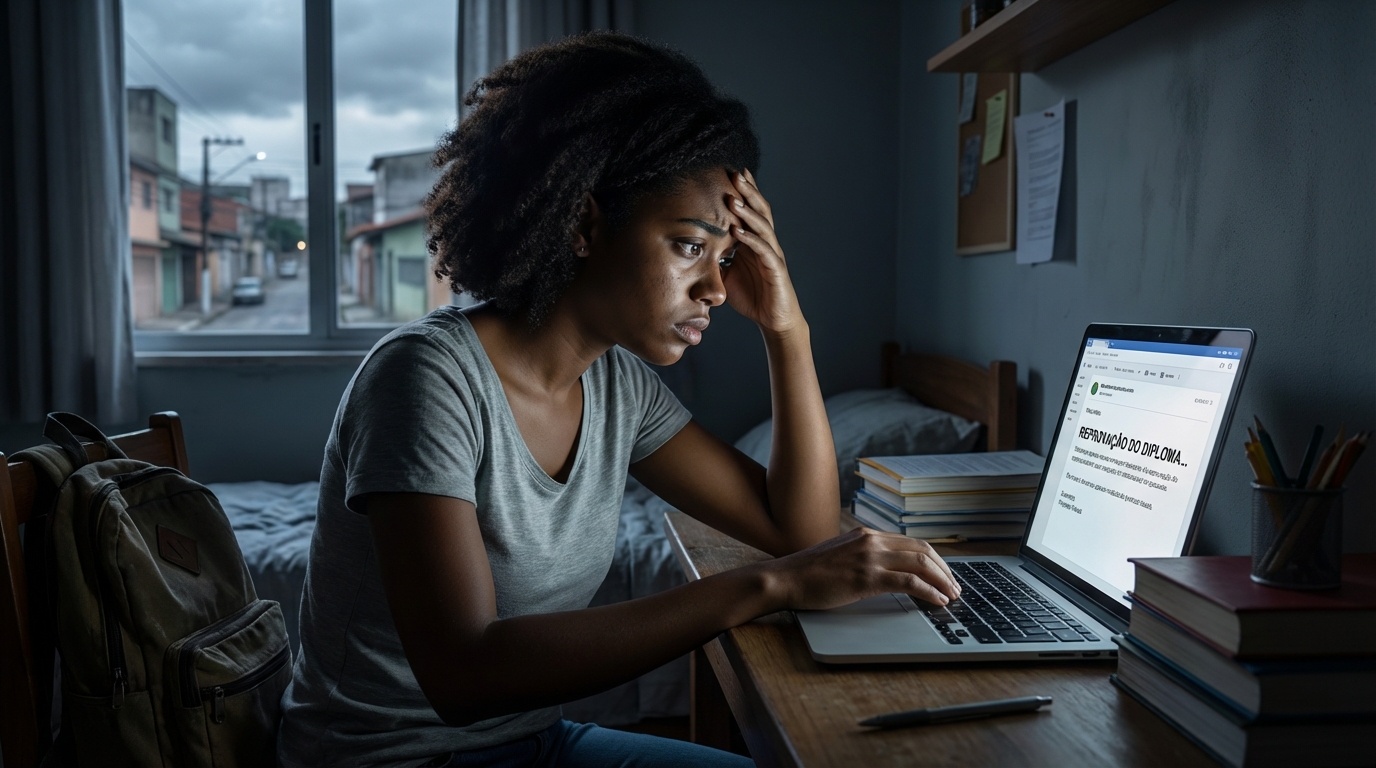 Jovem estudante brasileira negra com expressão de frustração olhando para a tela do computador em seu quarto - retenção de diploma por inadimplência