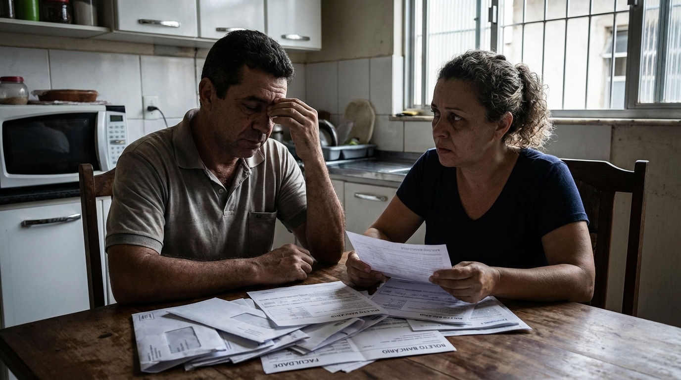 Pai e mãe brasileiros de meia idade sentados na mesa da cozinha analisando contas e boletos da faculdade com rostos preocupados - faculdade pode reter diploma por dívida