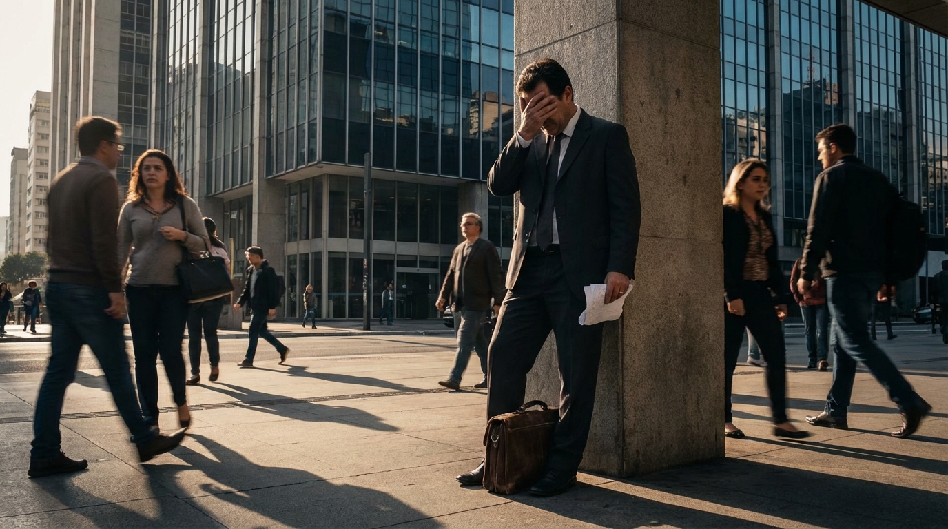 Homem brasileiro de terno chorando com a mão no rosto em frente a um prédio comercial após perder oportunidade de emprego - constrangimento ilegal código penal