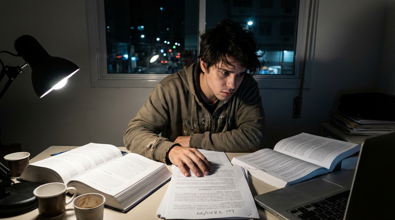 Estudante universitário brasileiro concentrado lendo livros e organizando documentos jurídicos em uma mesa iluminada por luminária durante a noite - lei 9870/99 diploma