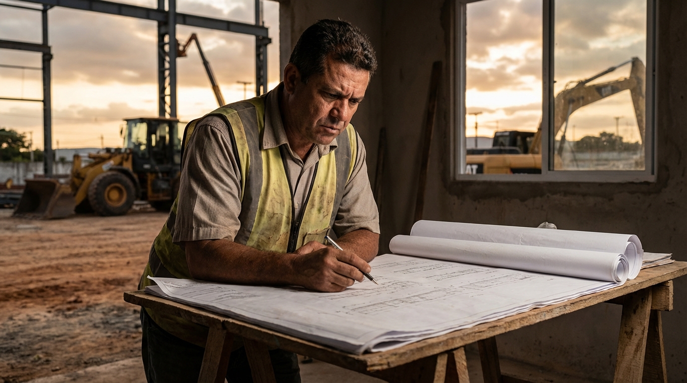 Empresário brasileiro da indústria da construção civil revisando plantas de engenharia com expressão de foco e determinação tributação infraestrutura