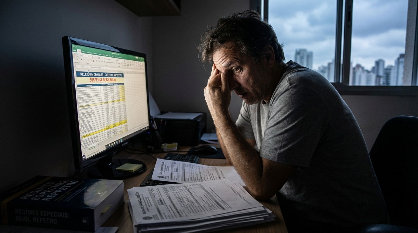 Gestor financeiro brasileiro preocupado revisando guias de impostos e relatórios contábeis na tela do computador compliance fiscal