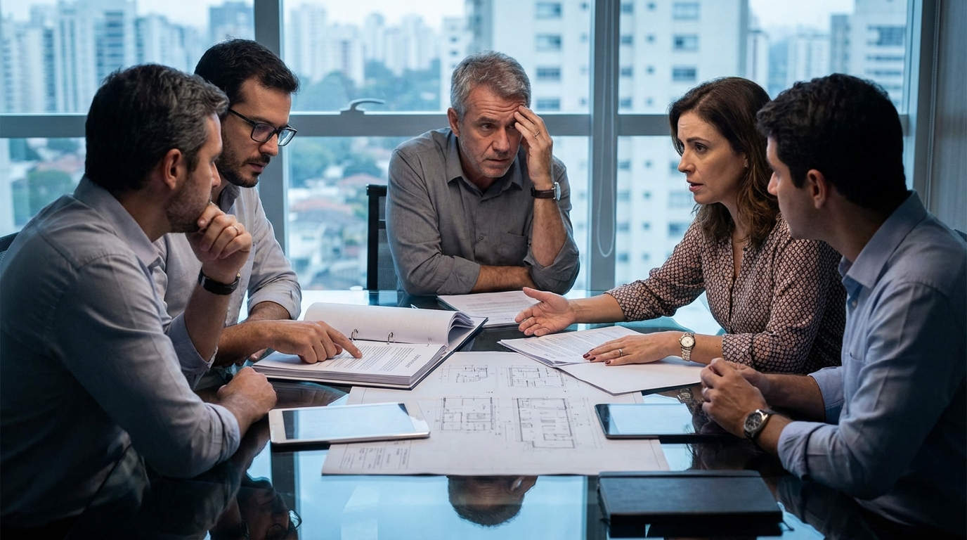 Equipe de engenheiros e diretores brasileiros em reunião tensa discutindo cláusulas contratuais em uma mesa de vidro contratos corporativos