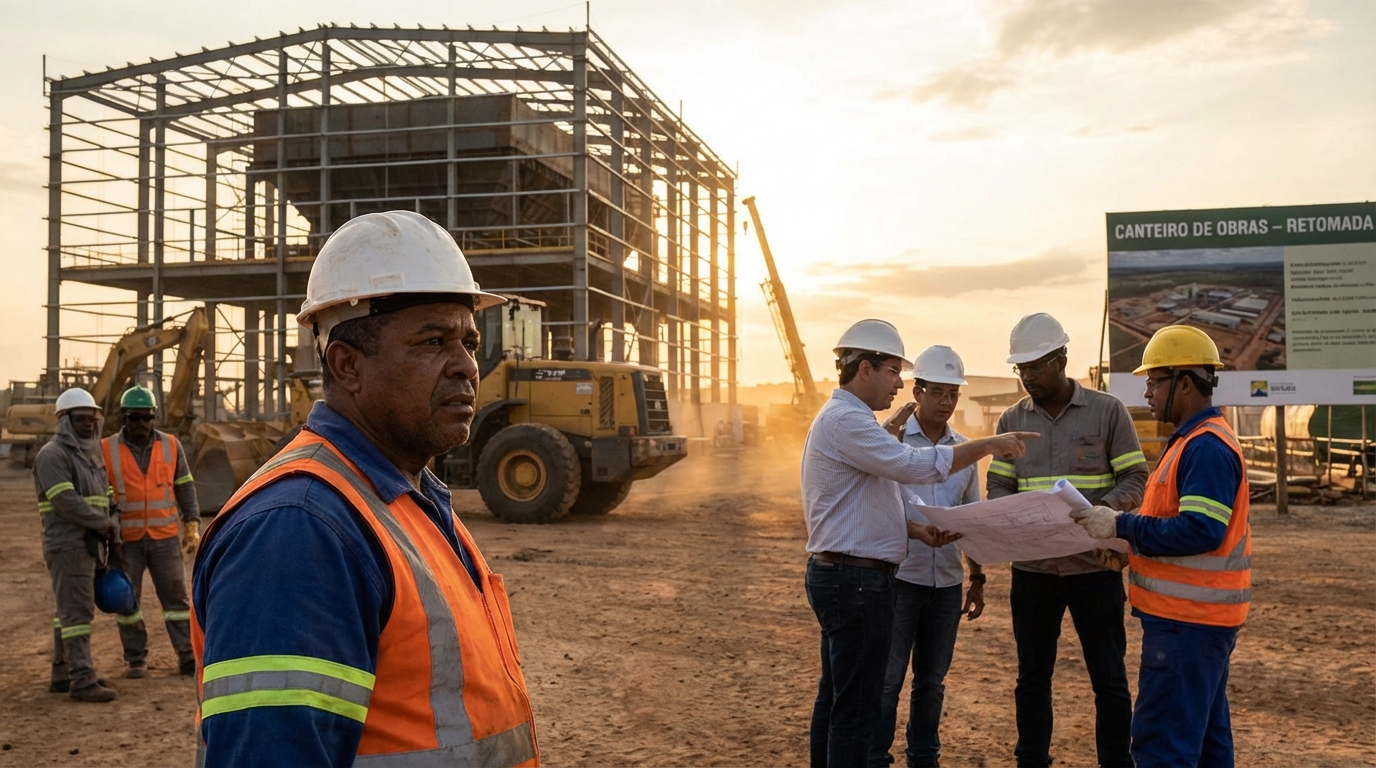 Trabalhadores brasileiros da construção civil e engenheiros usando capacetes e equipamentos de proteção no canteiro de obras fornecedores Petrobras