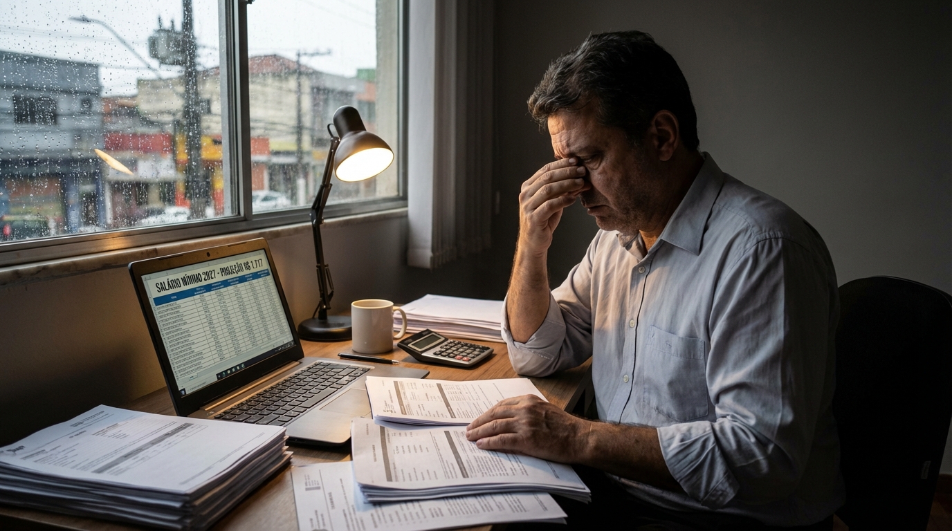 Empresário brasileiro de meia-idade preocupado analisando planilhas financeiras de salário mínimo 2027 em seu escritório modesto