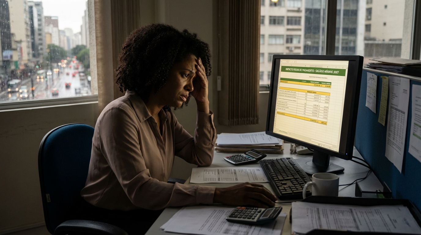 Gestora de RH brasileira, mulher negra com expressão de angústia, olhando para o monitor do computador enquanto calcula impacto folha de pagamento