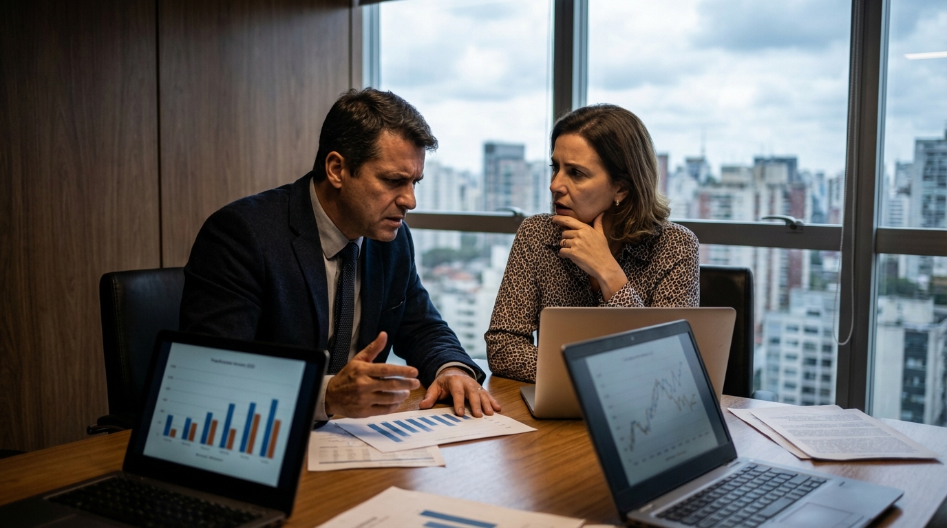 Dois diretores de empresa brasileiros debatendo seriamente em uma mesa de reunião com gráficos sobre planejamento tributário empresarial