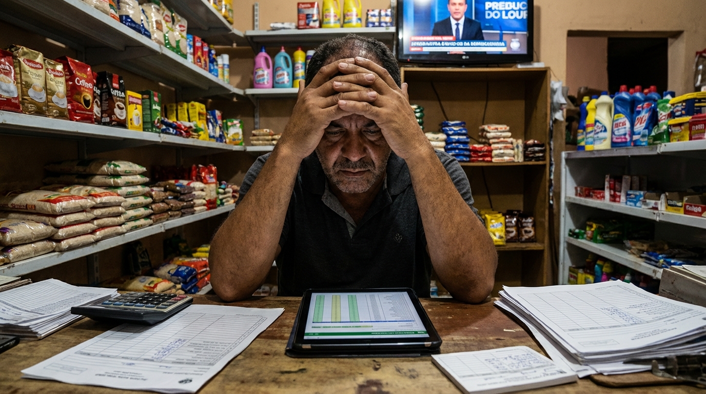 Dono de pequeno comércio no Brasil, homem pardo com feição exausta, revisando guias de impostos e encargos trabalhistas no balcão de sua loja