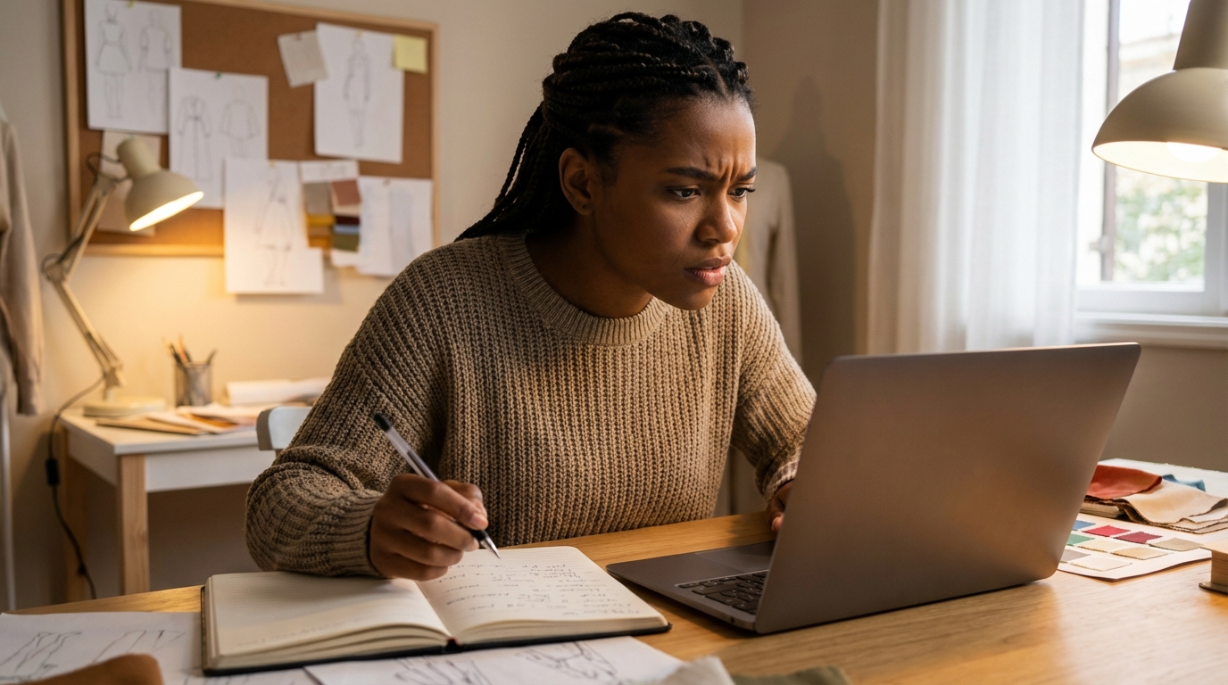Jovem empreendedora brasileira negra analisando contratos em um notebook com expressão focada em seu estúdio de design