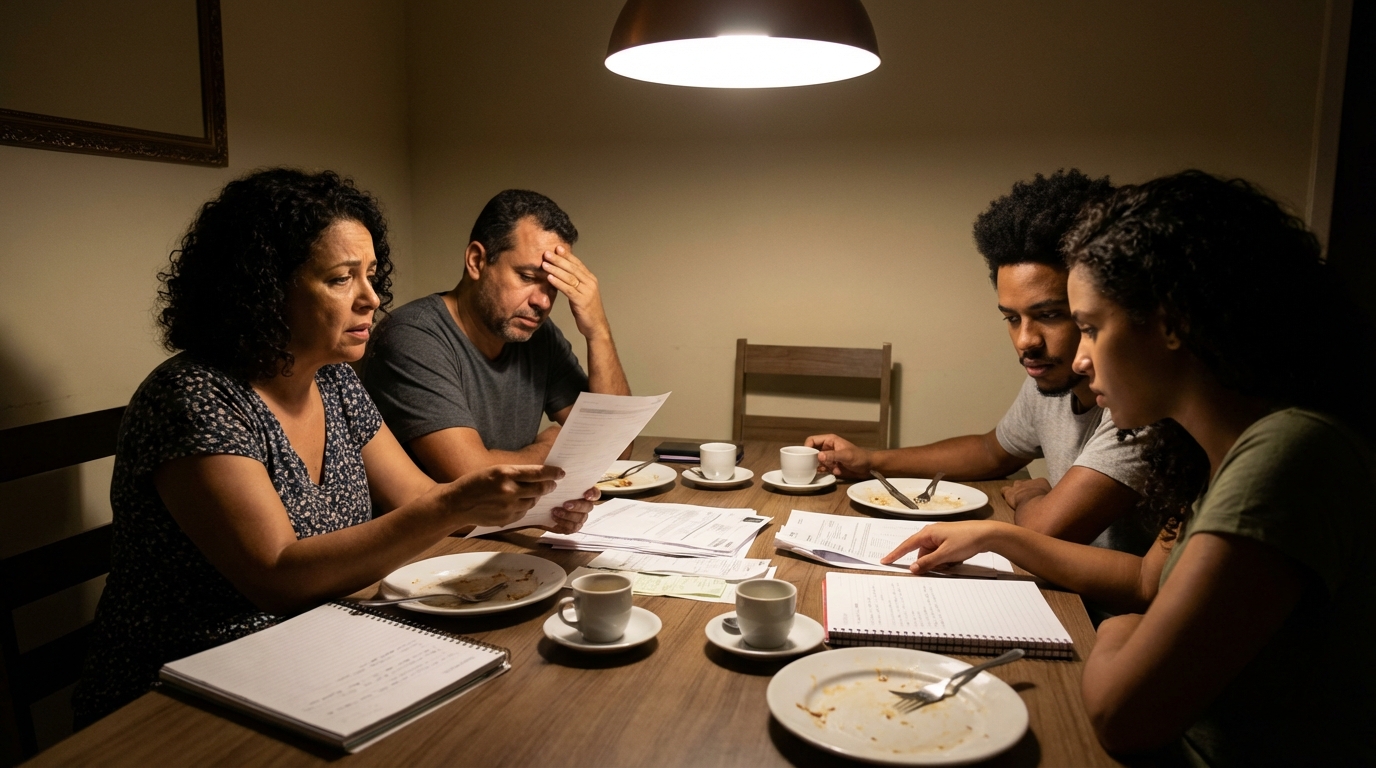 Família brasileira preocupada revisando uma pilha de documentos financeiros na mesa de jantar