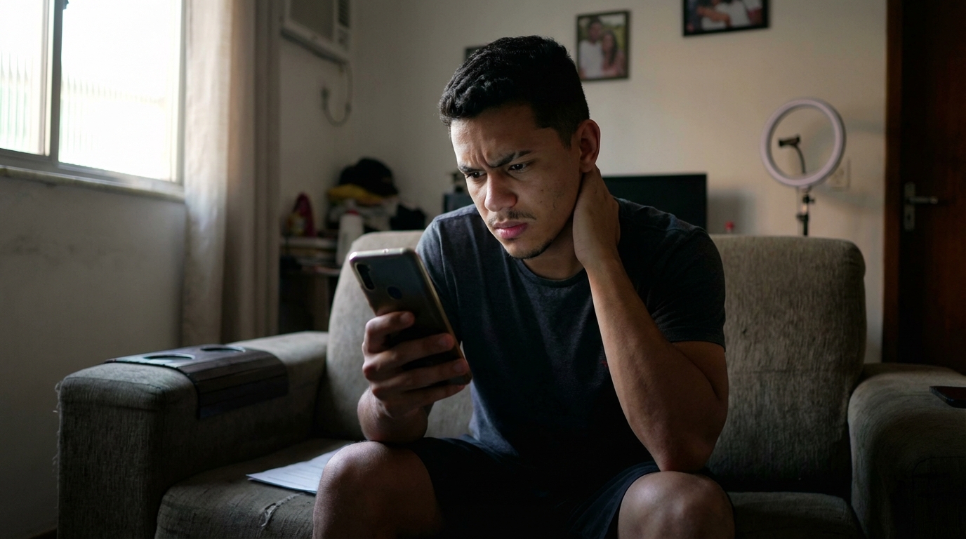 Jovem influenciador brasileiro em um quarto modesto lendo um contrato no celular com expressão de dúvida e tensão