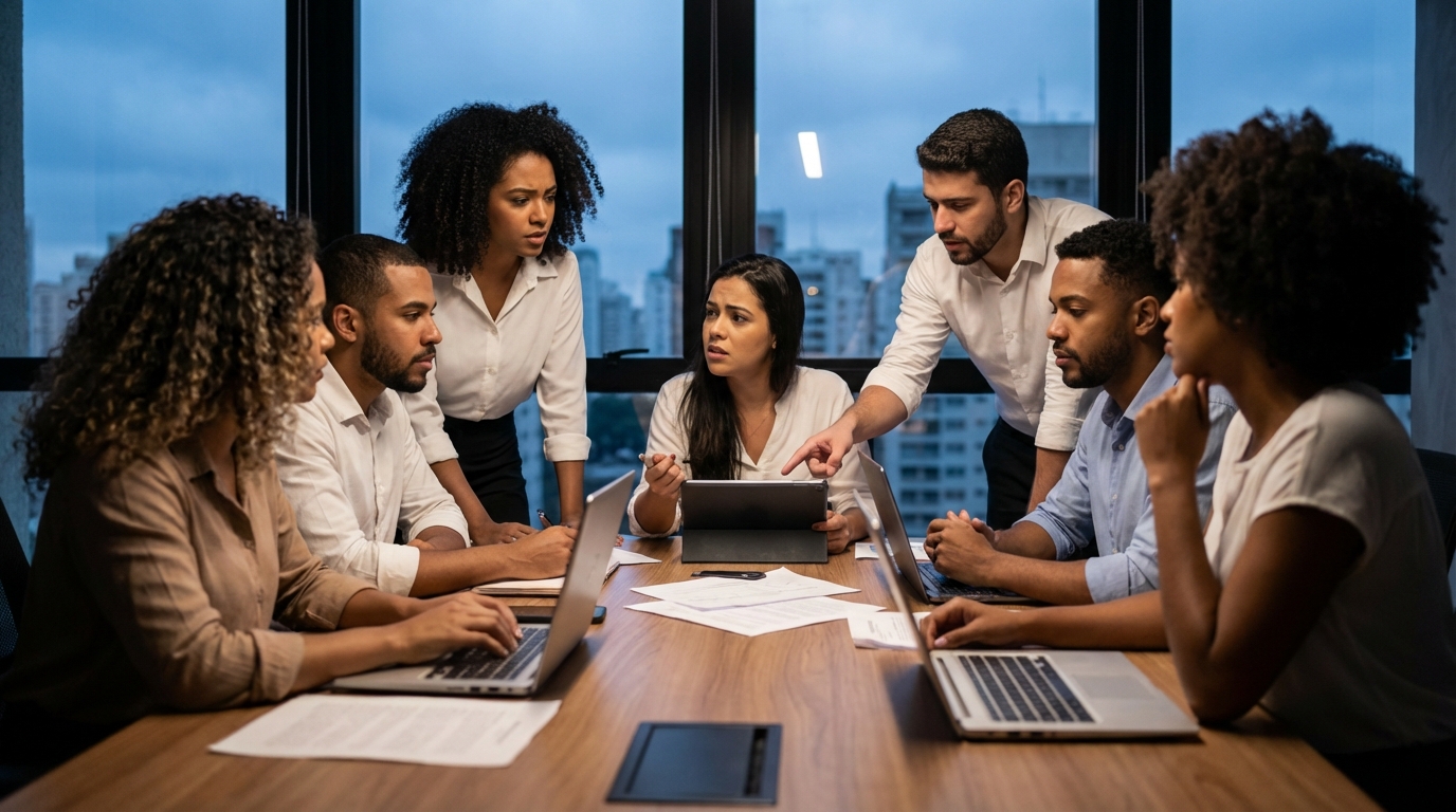 Grupo de jovens profissionais brasileiros diversos discutindo direitos autorais e estratégias de negócios em uma mesa de reunião