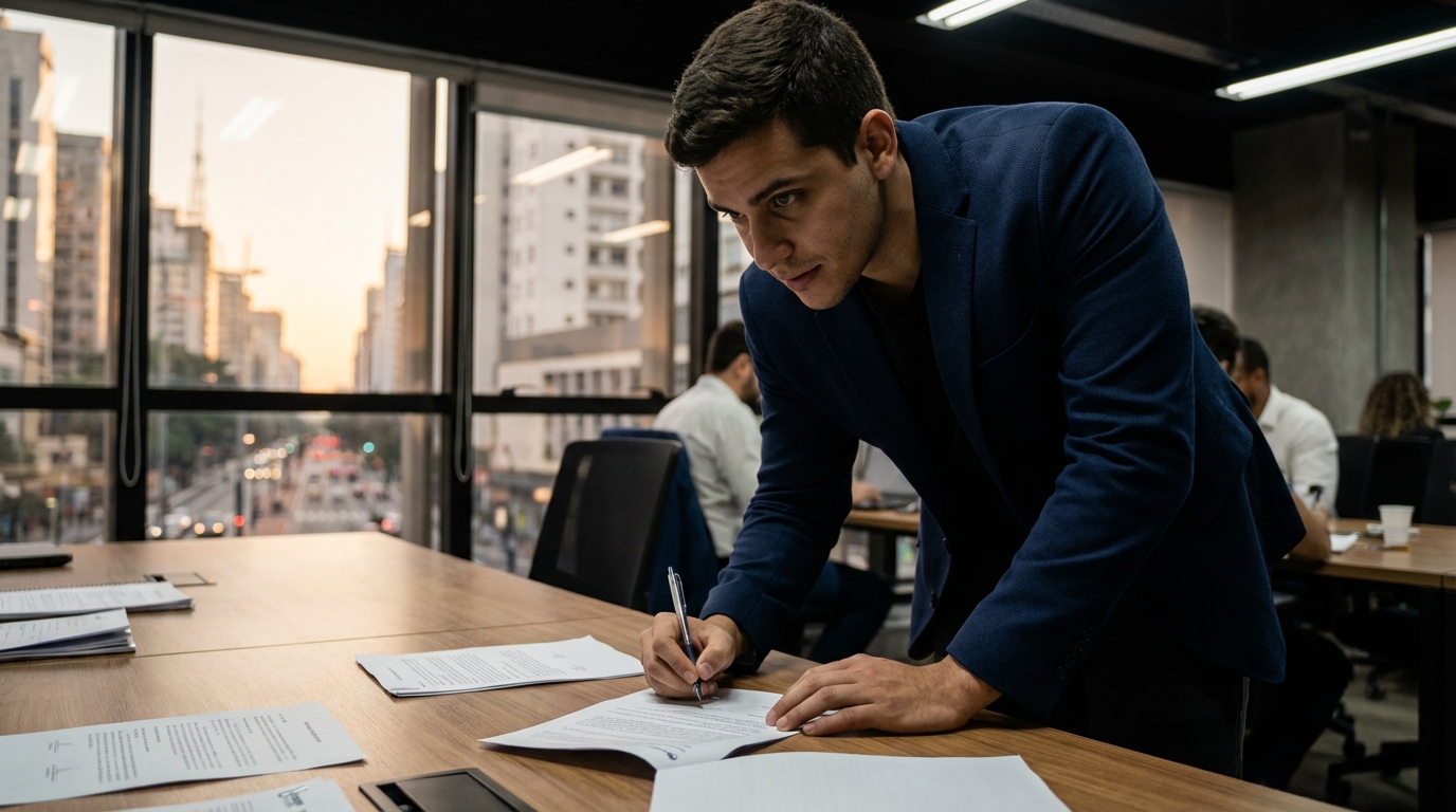 Jovem empresário brasileiro assinando documentos legais em um escritório moderno com postura de confiança e alívio