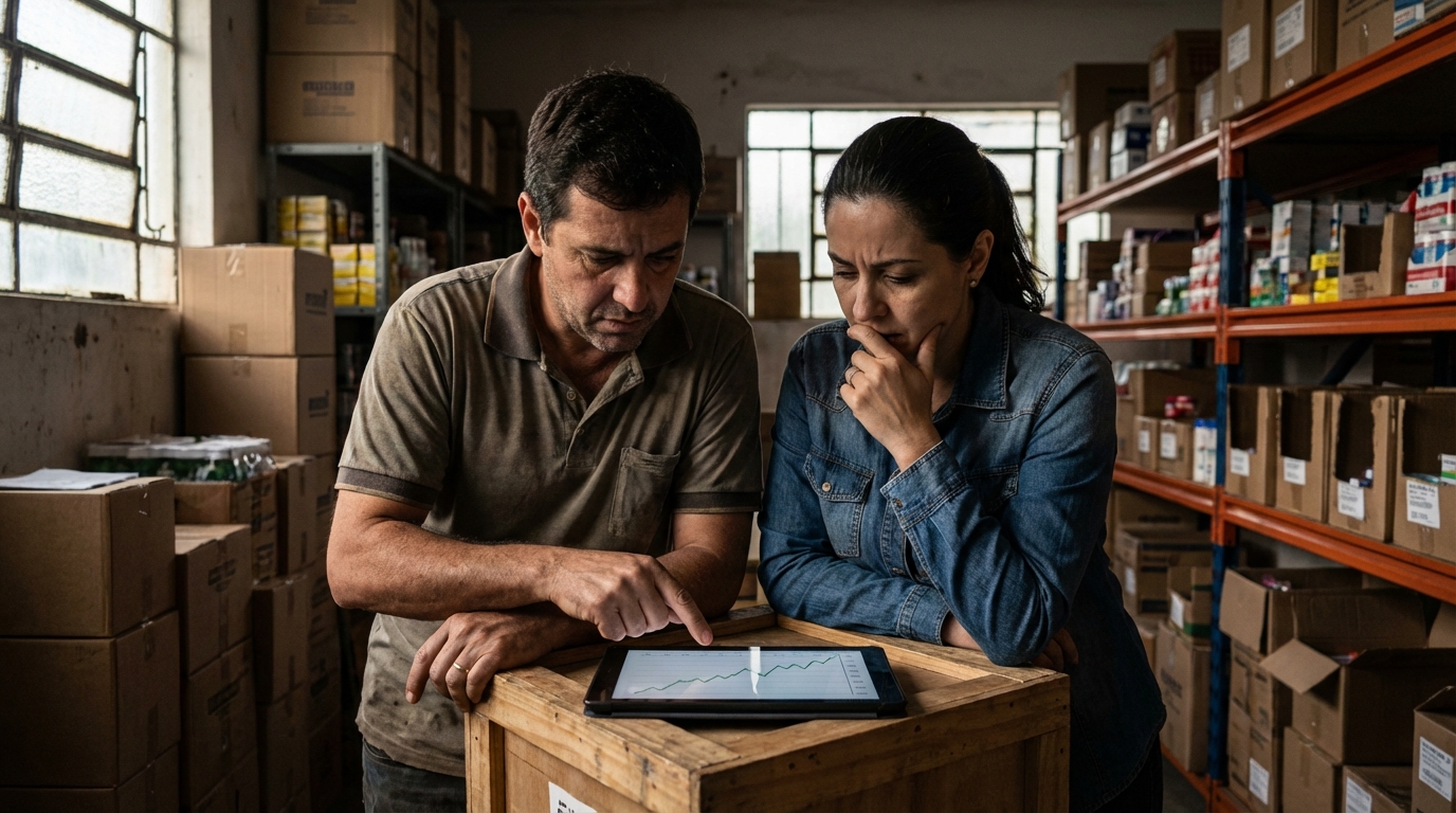 Casal de empreendedores brasileiros analisando o crescimento de sua marca própria em um tablet dentro de um estoque de produtos