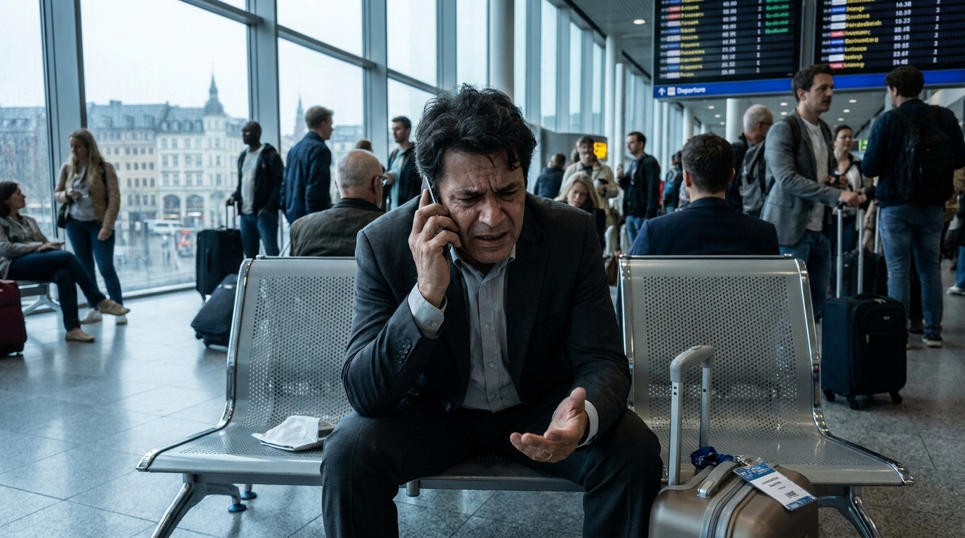 Empresário brasileiro angustiado no saguão de um aeroporto internacional tentando resolver negativa de seguro viagem pelo celular