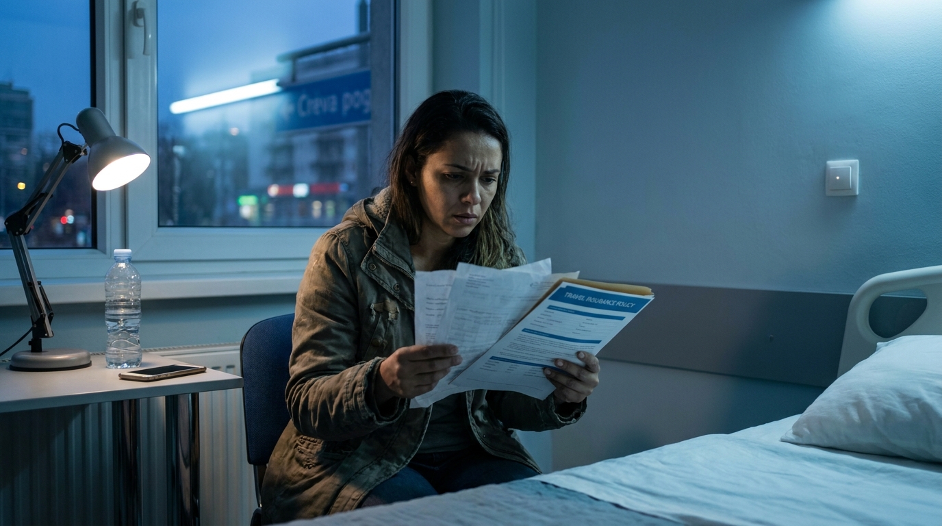 Mãe brasileira preocupada segurando documentos médicos e apólice de seguro em um quarto de hospital no exterior