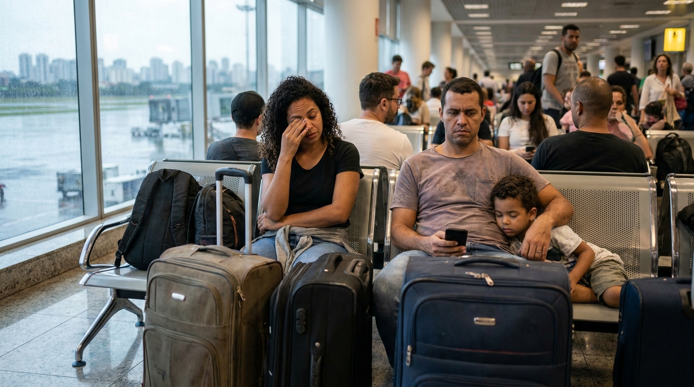 Família brasileira exausta e frustrada aguardando assistência em uma sala de espera de aeroporto estrangeiro com várias malas