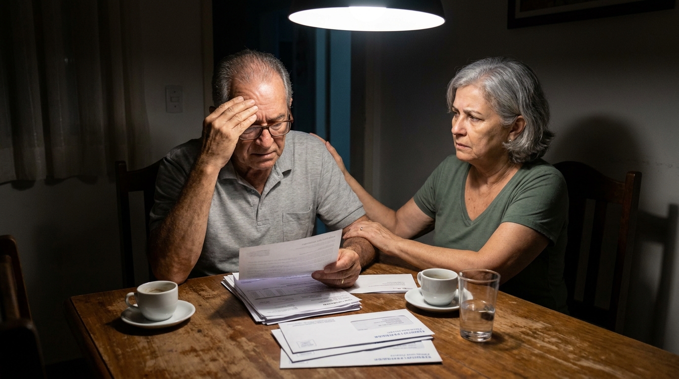 Casal de idosos brasileiros revisando contas médicas estrangeiras com expressões de apreensão na mesa de jantar