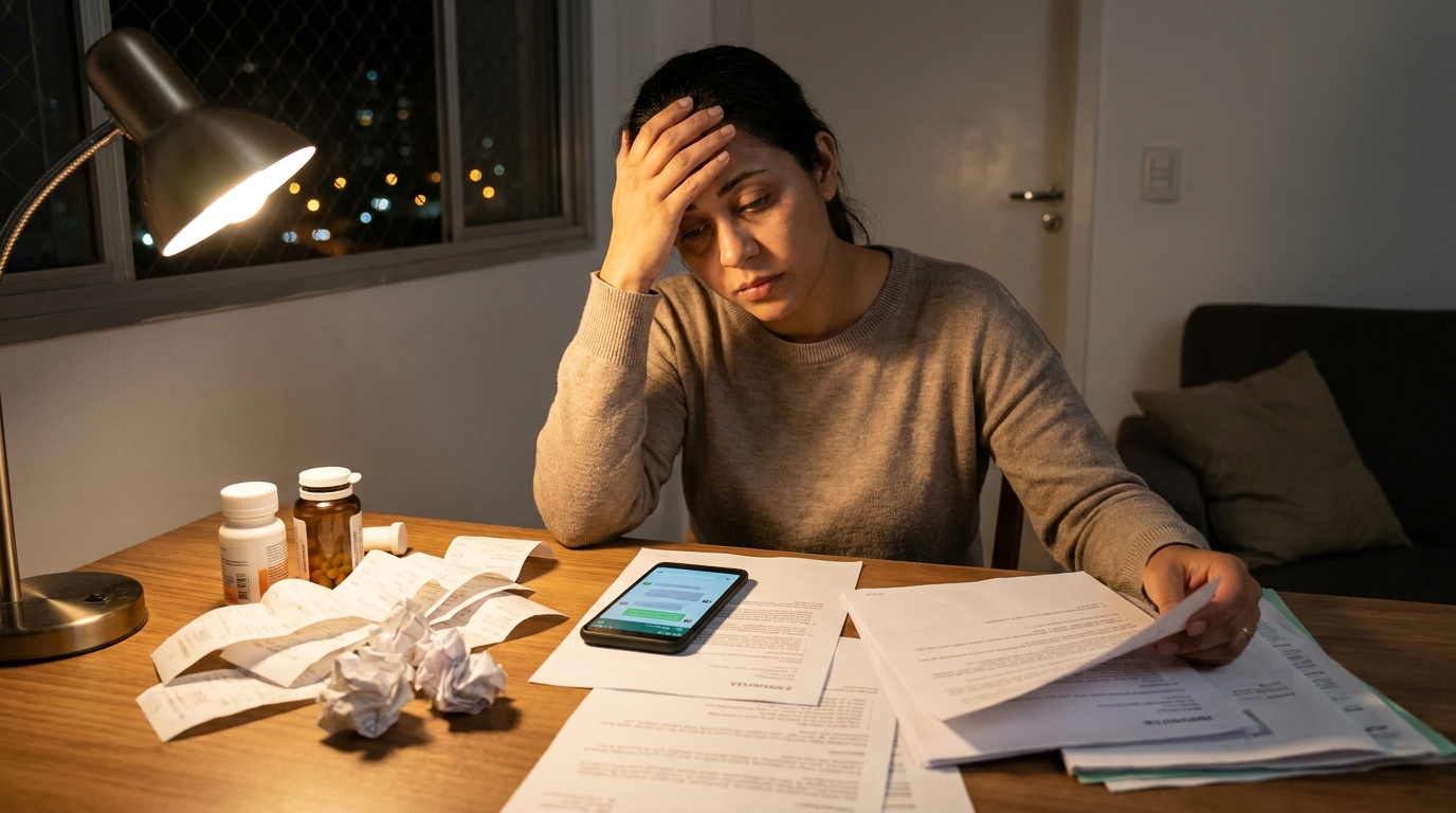Mulher brasileira organizando dezenas de recibos médicos, notas fiscais e frascos de remédios em uma mesa de escritório improvisada