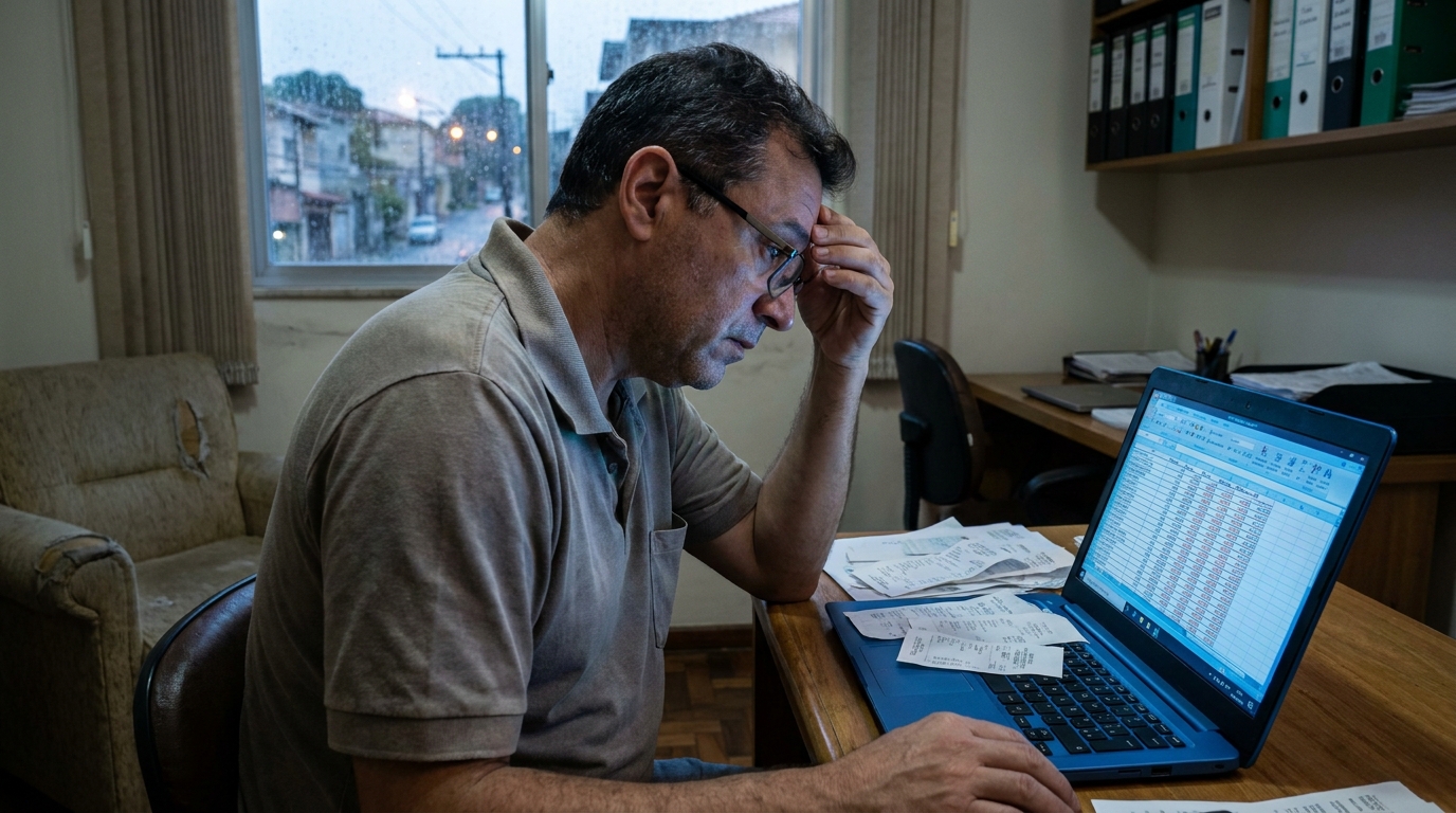 Pequeno empresário brasileiro revisando planilhas financeiras em seu computador mostrando os impactos dos custos médicos inesperados em seu negócio