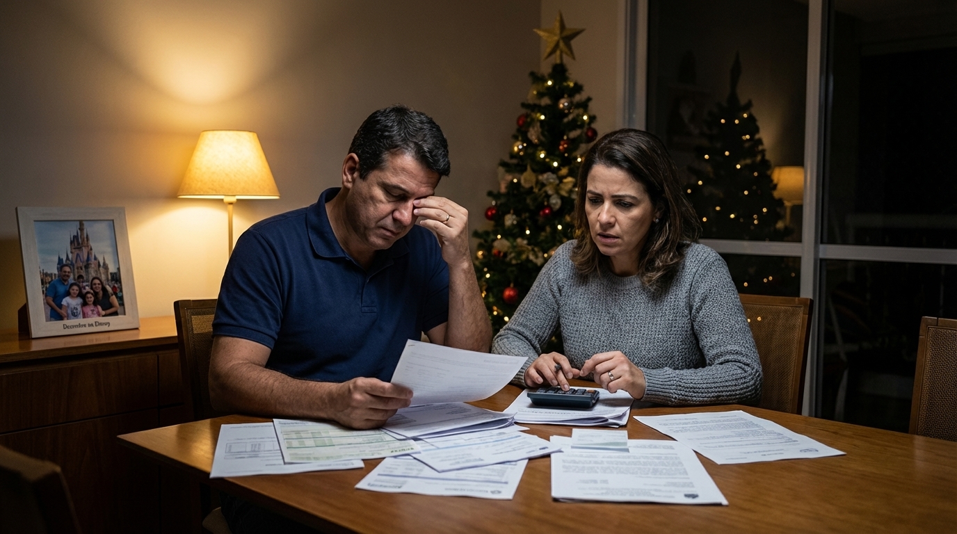Casal brasileiro sentado à mesa da sala de jantar com expressões de dúvida, analisando contas e documentos, representando a confusão patrimonial