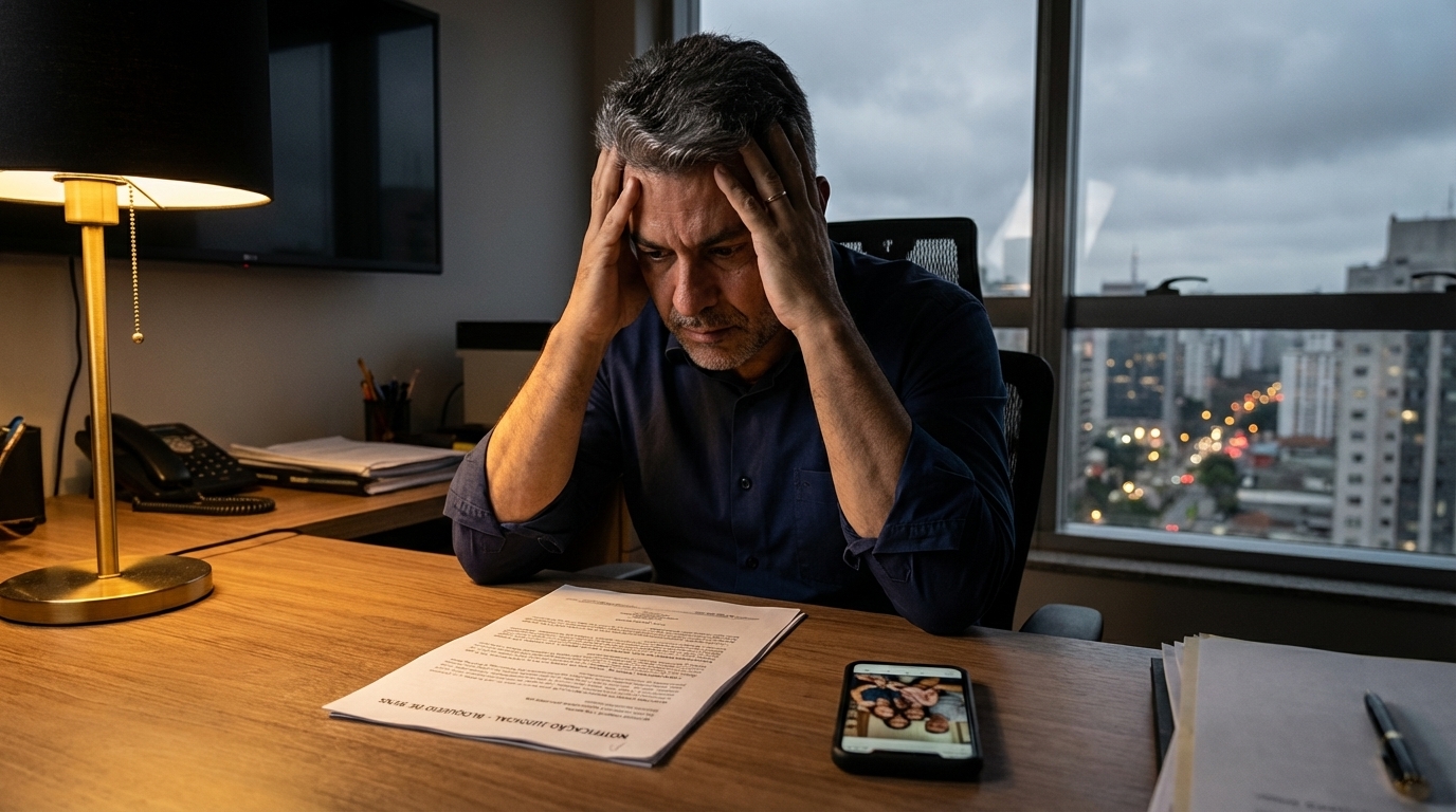 Empresário brasileiro em escritório moderno, segurando a cabeça com preocupação ao ler uma notificação judicial sobre bens bloqueados