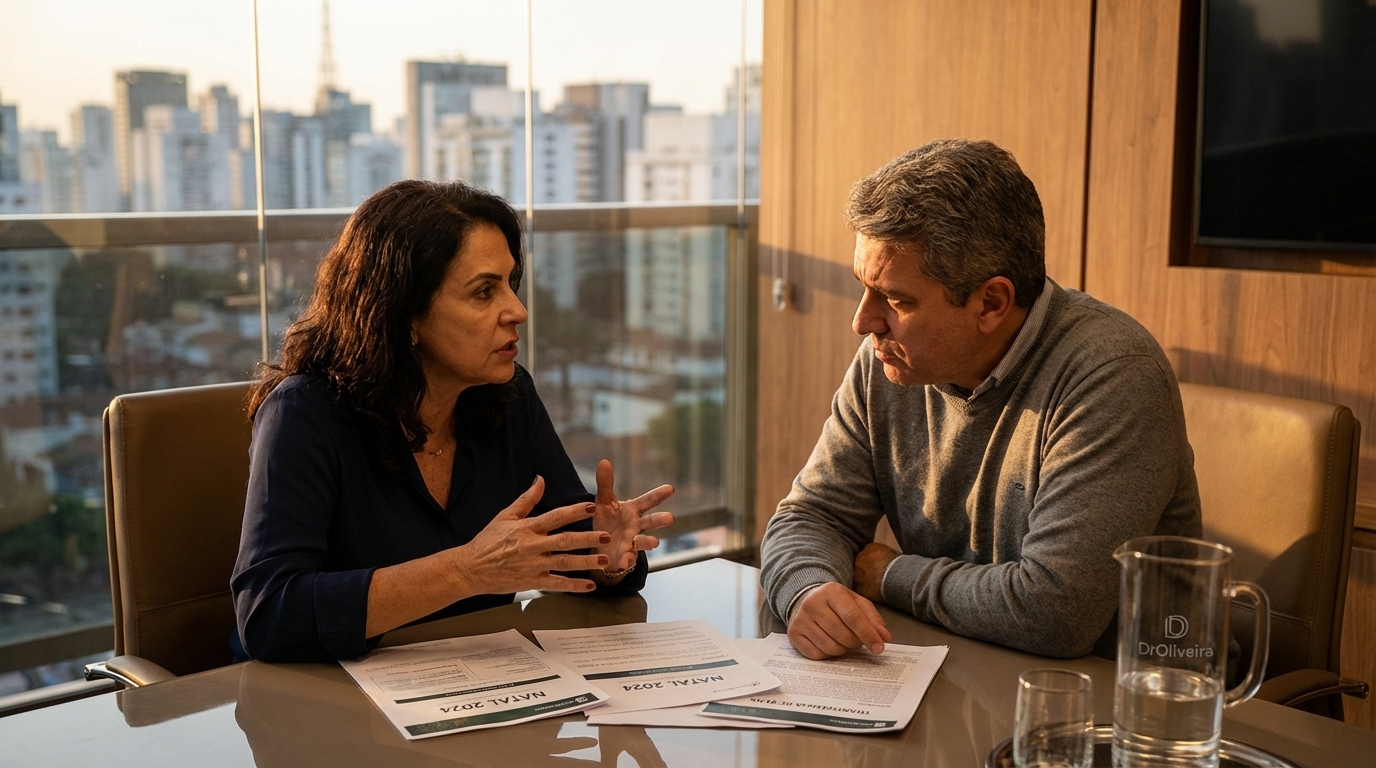 Mulher brasileira madura conversando seriamente com um consultor em uma sala de reuniões, gesticulando com as mãos em busca de solução