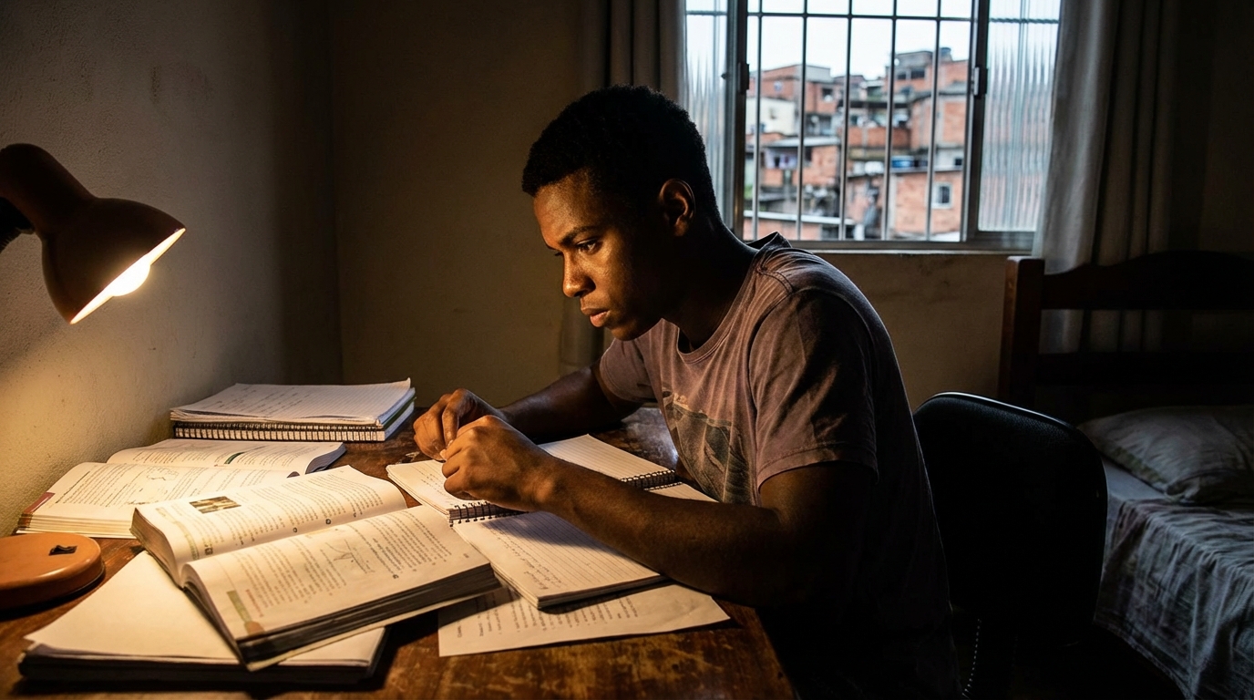 Estudante brasileiro negro concentrado estudando para o vestibular em seu quarto modesto com pilhas de cadernos e livros abertos sobre a mesa - cotas raciais