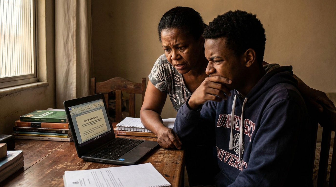 Família brasileira com mãe e filho lendo atentamente o edital do vestibular no computador com expressões de foco, esperança e leve ansiedade - STF cotas universidades
