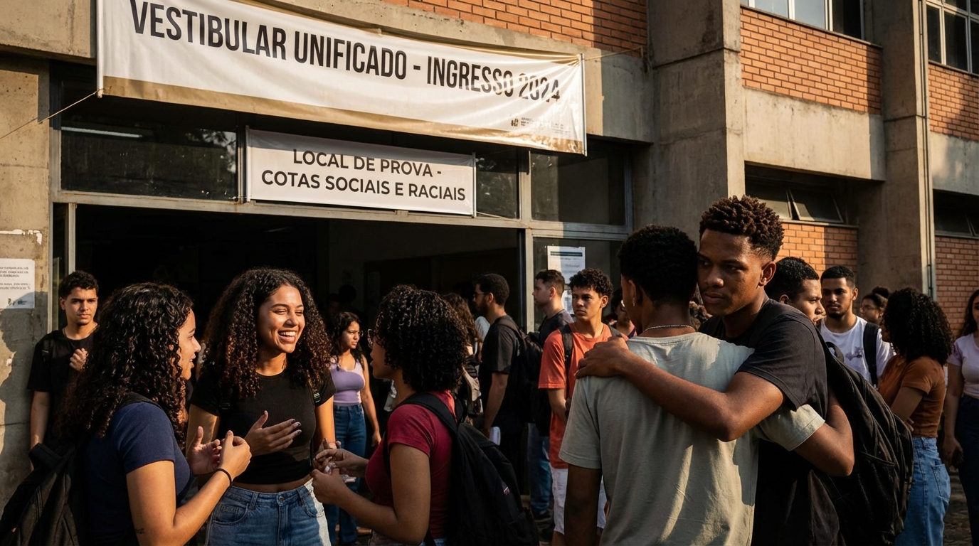 Grupo diversificado de jovens brasileiros conversando e sorrindo na porta de um prédio antes de realizarem a prova do vestibular - ações afirmativas