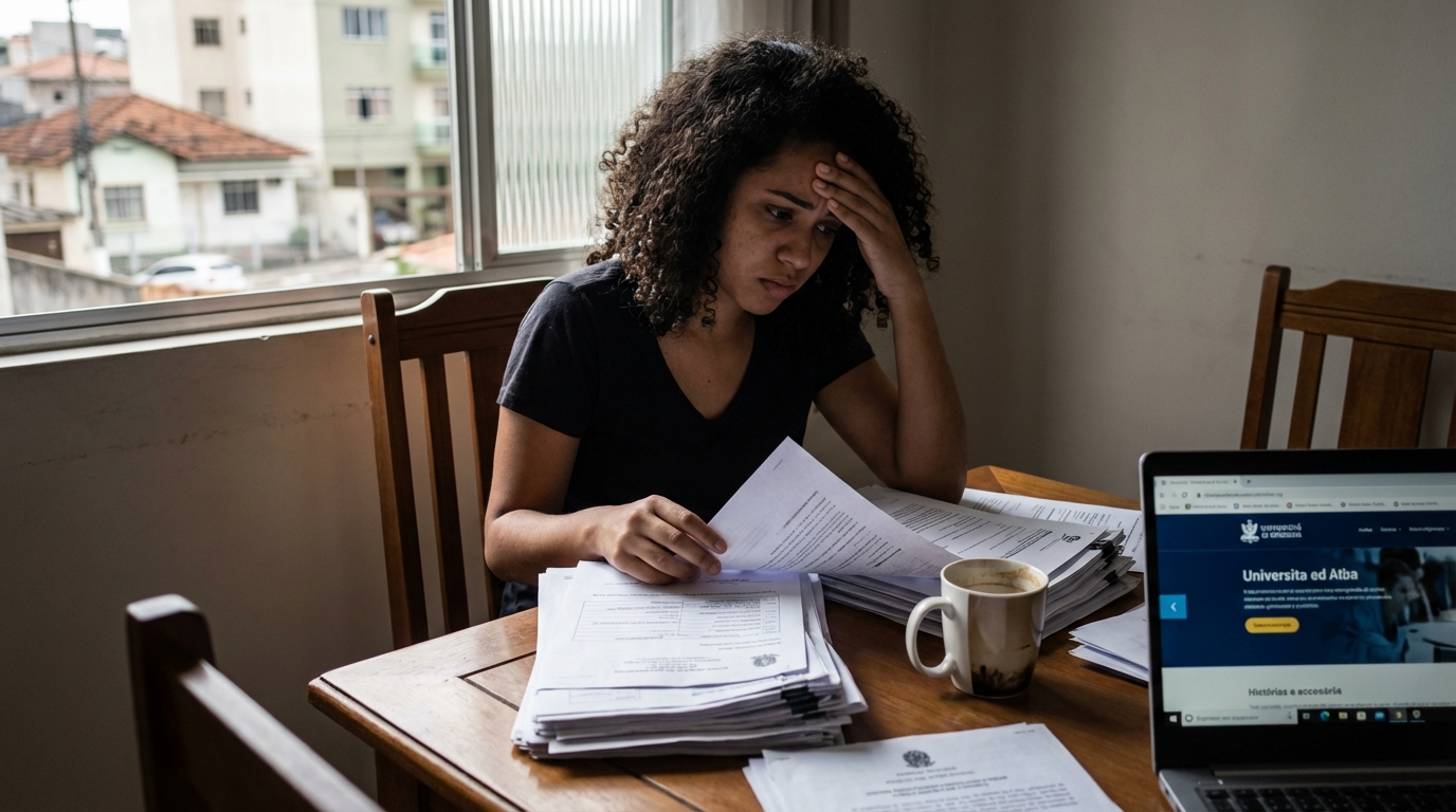 Jovem estudante brasileira organizando uma pilha de documentos de matrícula escolar em uma mesa de jantar, visivelmente preocupada com os prazos - direito universitário