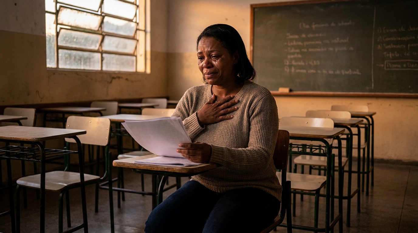 Professora brasileira negra com expressão de alívio e esperança lendo documentos em sala de aula vazia - piso salarial professor temporário