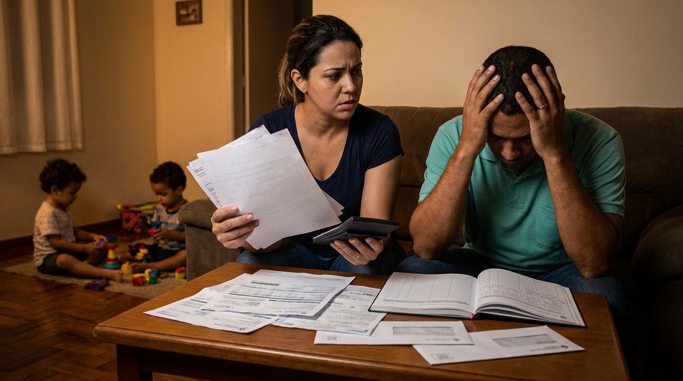 Família brasileira discutindo orçamento doméstico com documentos na mão, demonstrando preocupação financeira com contas atrasadas - direitos professor temporário