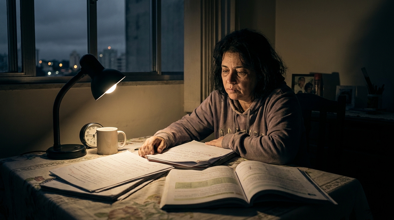 Professor temporário brasileiro exausto corrigindo pilhas de provas na mesa de jantar de sua casa durante a madrugada - advogado trabalhista educação