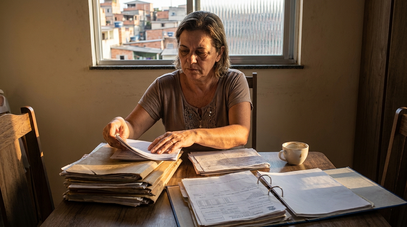 Professor temporário brasileiro organizando cuidadosamente pastas de documentos e contracheques em casa à tarde - advogado trabalhista educação
